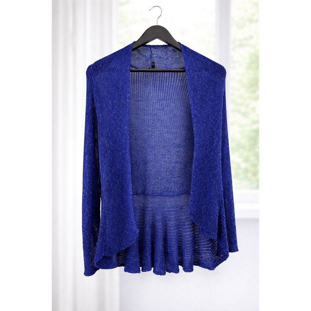 Eileen Fisher Linen Cotton Cardigan Sweater Blue Open Knit Flowy‎ Front Large